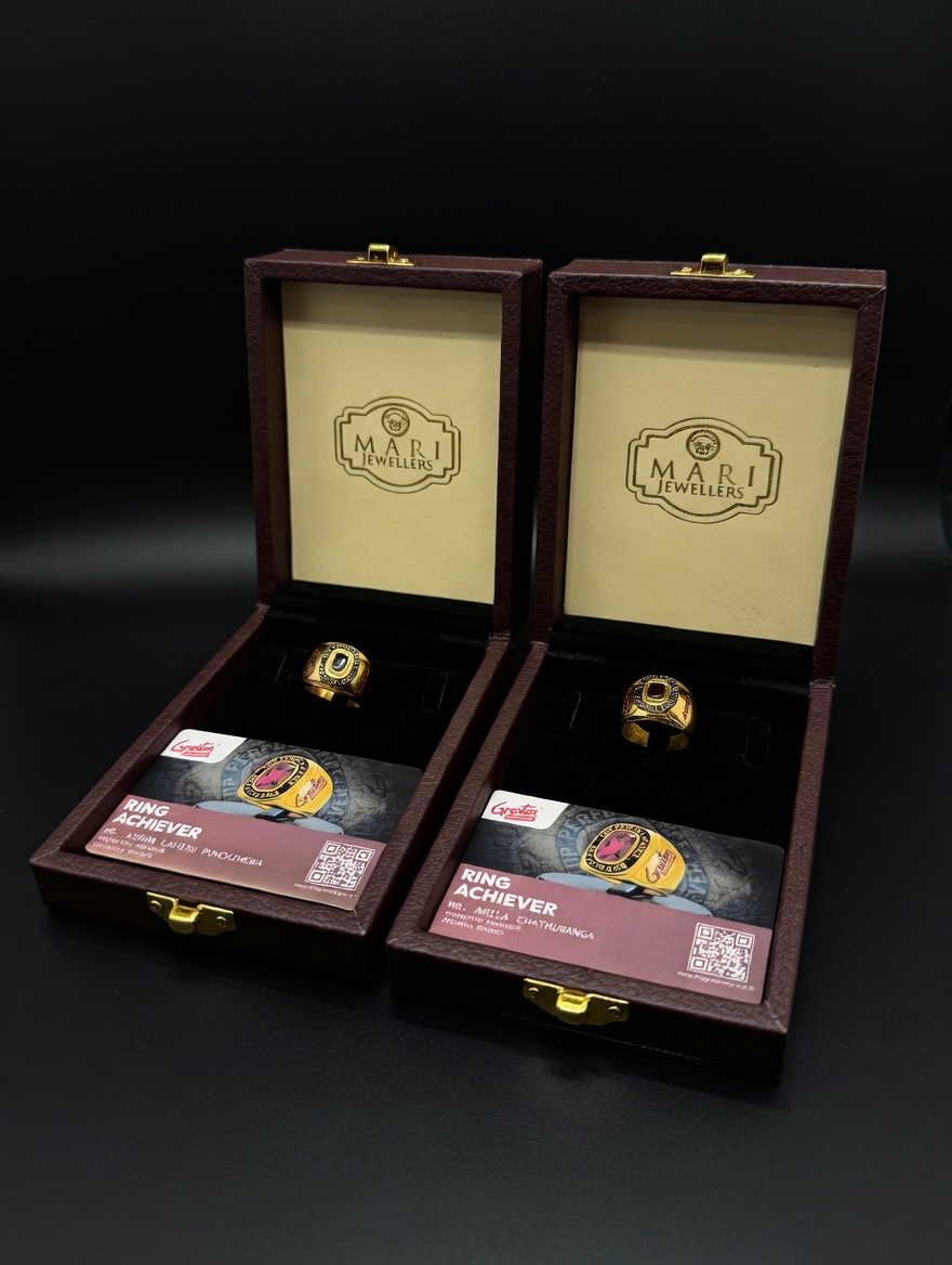 Corporate gold ring gift presentation box with personalised recipient card by Mari Jewellers Chilaw Sri Lanka