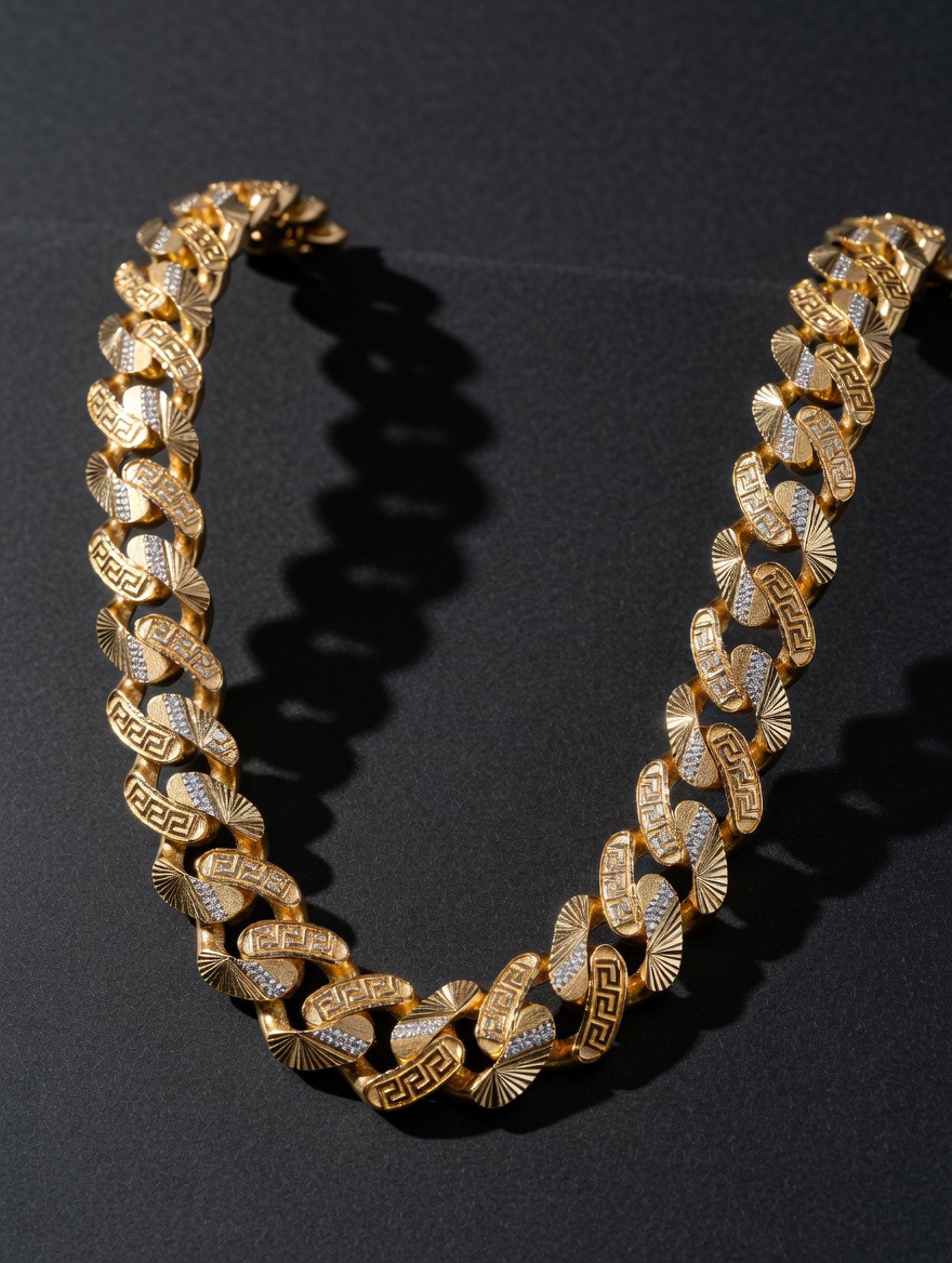 22K gold Versace style Greek key diamond Cuban gangster chain by Mari Jewellers Chilaw Sri Lanka