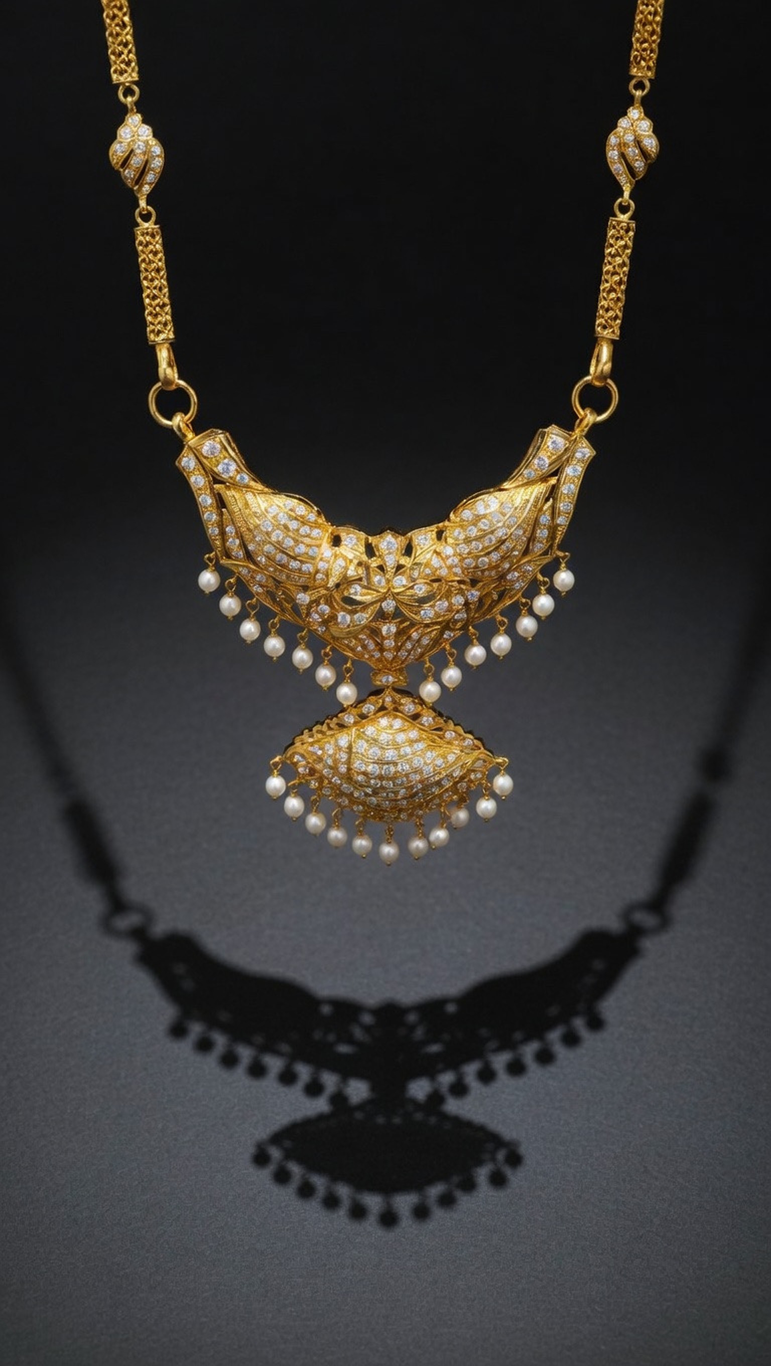 Traditional Tamil bridal Attiyal 22K gold diamond pavé pearl drop conch shell necklace by Mari Jewellers Chilaw Sri Lanka