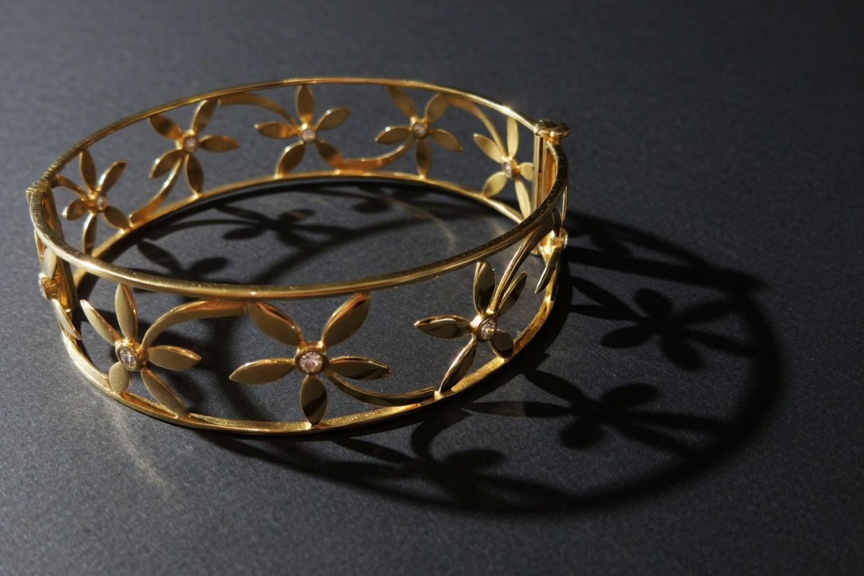22K gold cutwork floral diamond solitaire bangle bracelet by Mari Jewellers Chilaw Sri Lanka