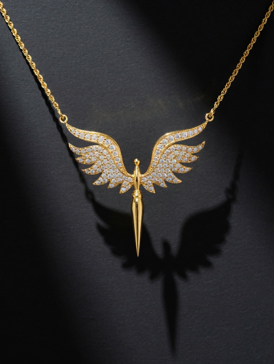 22K gold full diamond pavé angel wing pendant on rope chain by Mari Jewellers Chilaw Sri Lanka