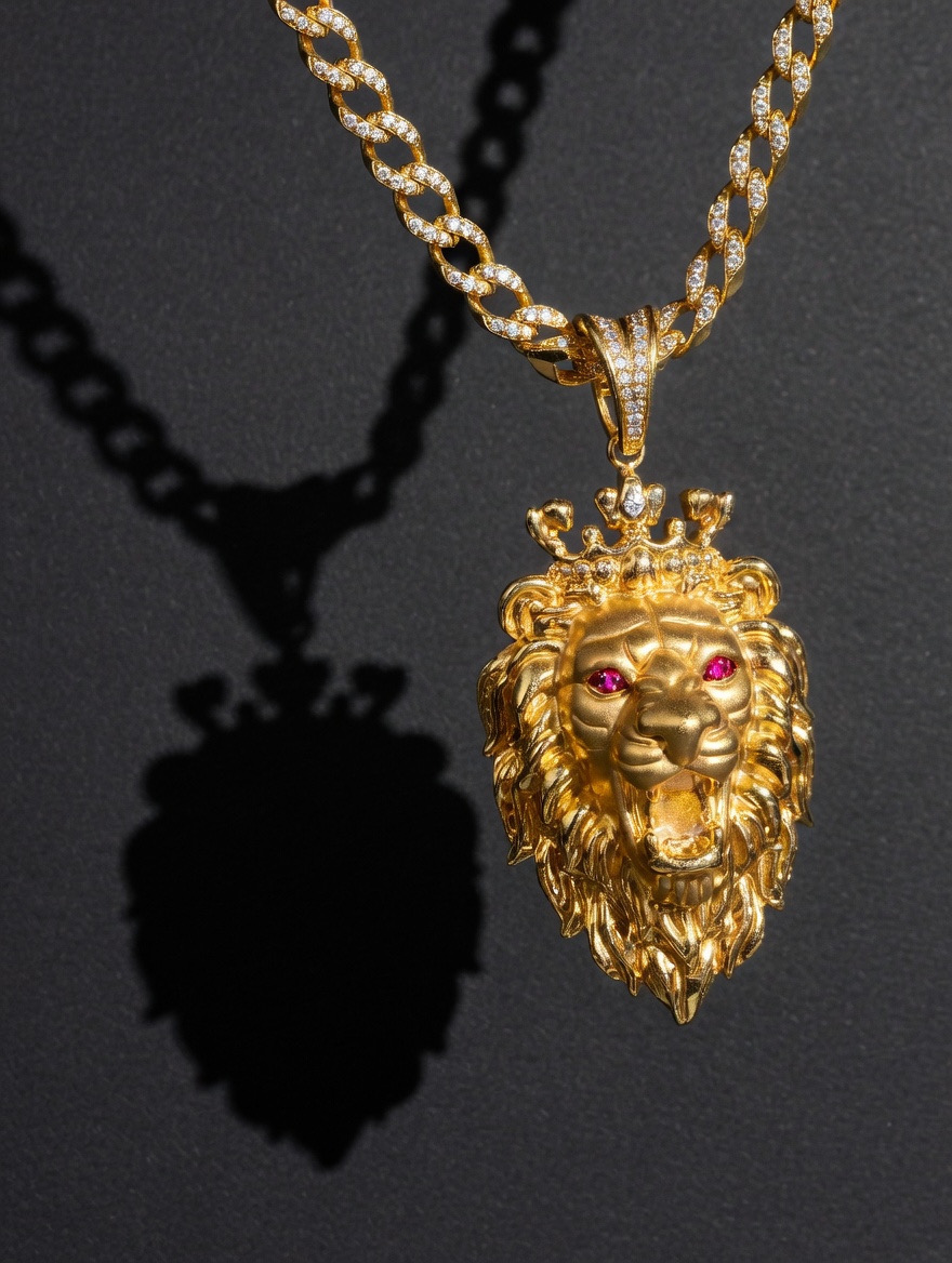 22K electroformed gold crowned lion pendant ruby eyes full diamond pavé Cuban link chain by Mari Jewellers Chilaw Sri Lanka
