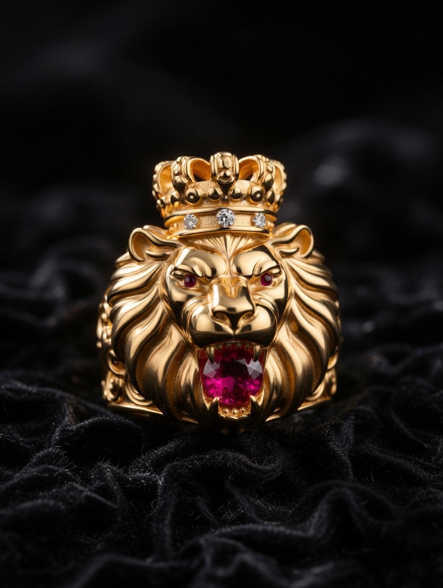 22K gold lion head ring with crown and ruby gemstone by Mari Jewellers Chilaw Sri Lanka