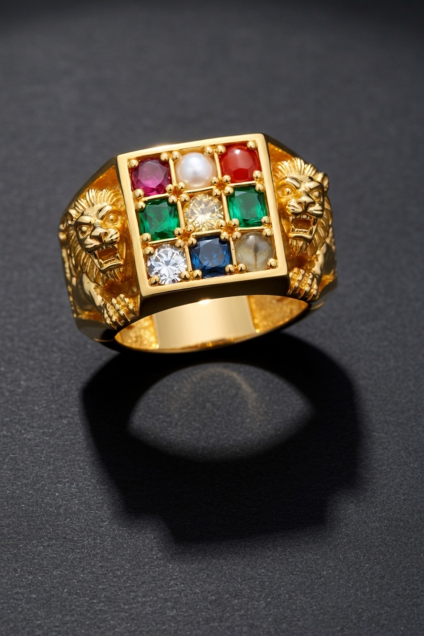 22K gold Navaratna nine gem lion signet ring by Mari Jewellers Chilaw Sri Lanka